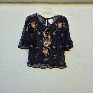 Anthro Maeve Floral Embroidered Black Mesh Sheer Blouse Top Romantic Whimsigoth